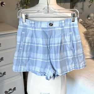 American Eagle Cotton Linen Blue Plaid Shorts Comfy Elastic Back Waist Womens S